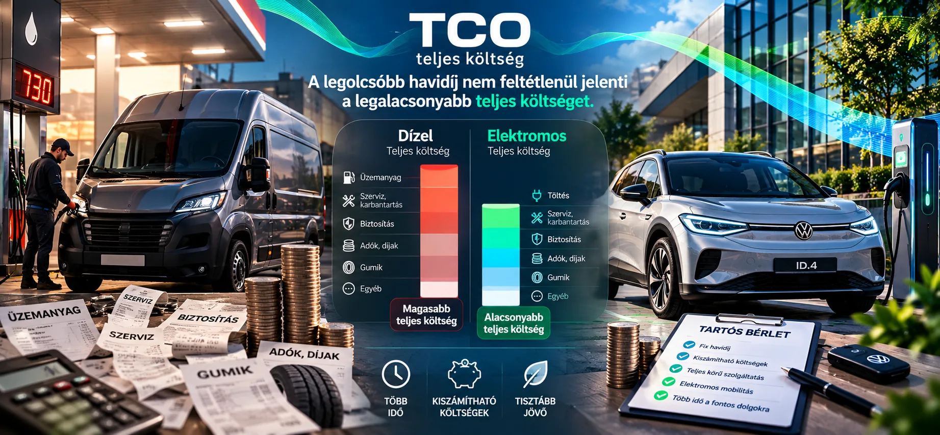 Flottakezelés és tartós bérlet – dízel és elektromos járművek teljes költségének összehasonlítása
